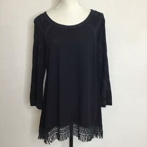 MONORENO WOMEN ELEGANT BLACK SCOOP NECK CROCHET FRINGE WESTERN DRESS SIZE S